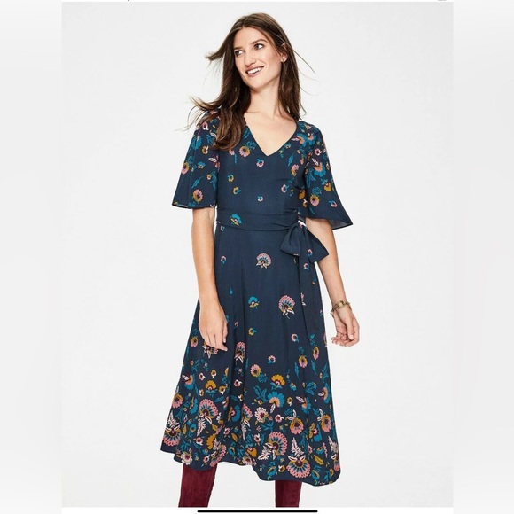 BODEN Emilie V Neck Midi Dress Navy Blue Flourish Pink Floral Size US 8R UK12R - Picture 4 of 16